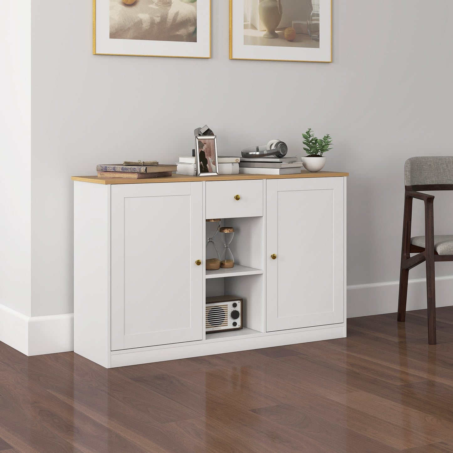 White Sideboard with Drawer and Shelves, 120cm