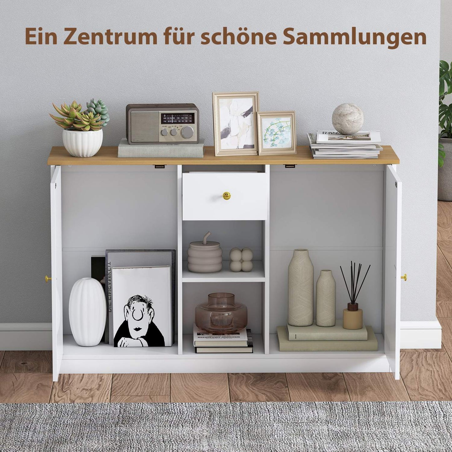 White Sideboard with Drawer and Shelves, 120cm