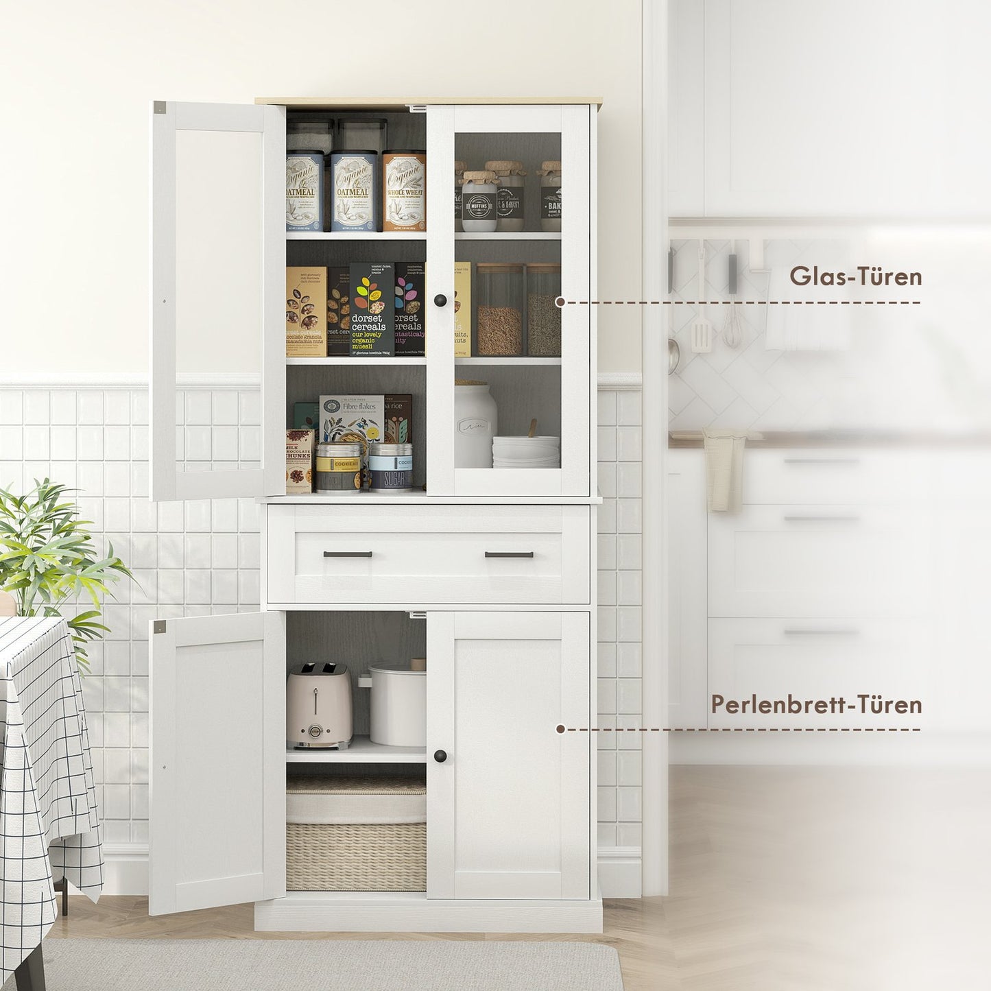 Tall kitchen cabinet, adjustable shelves, cream white