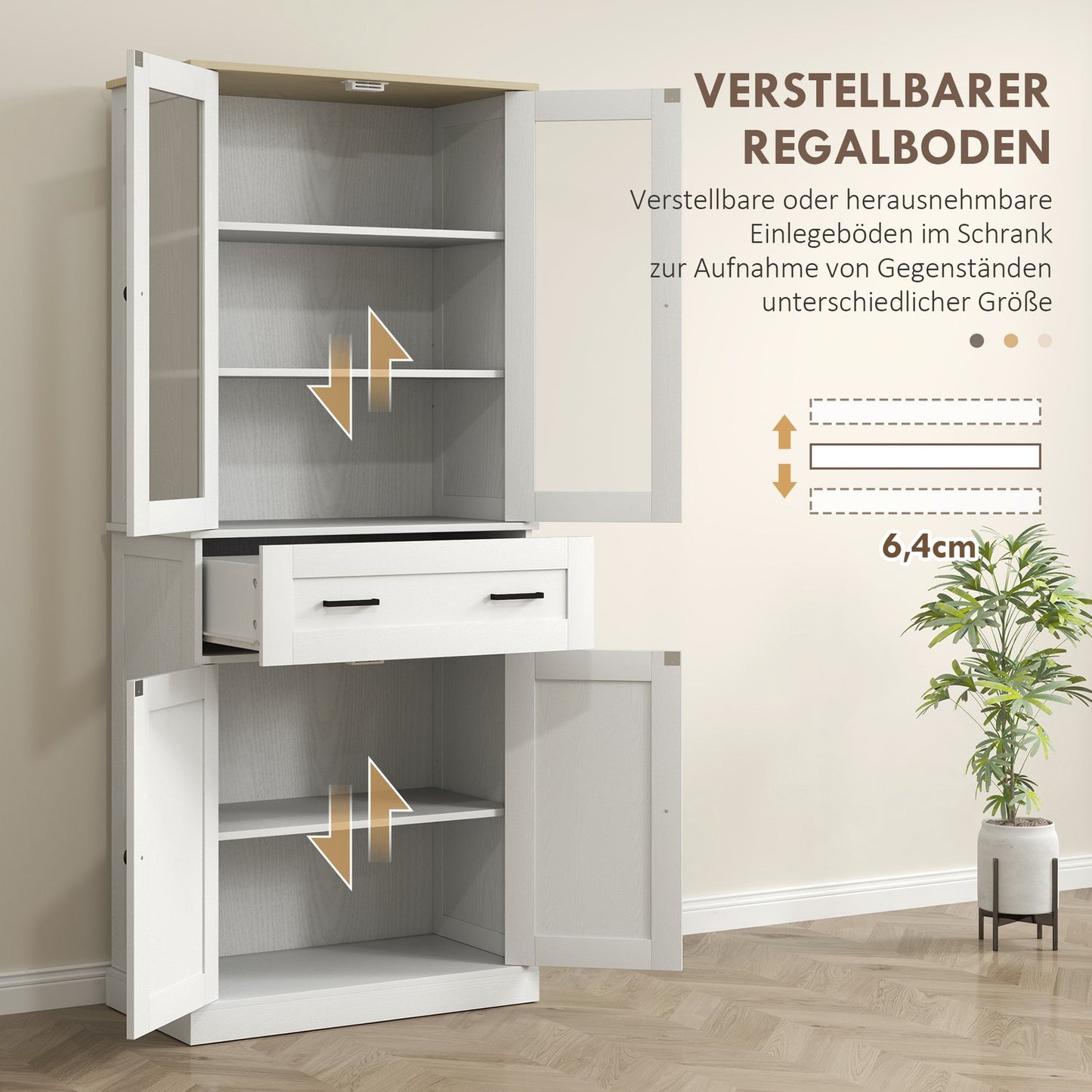 Tall kitchen cabinet, adjustable shelves, cream white