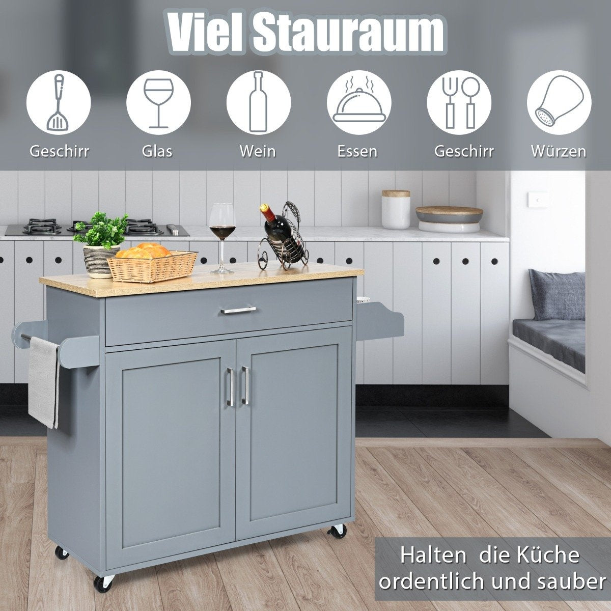 Kitchen island cart rolling storage cart large cabinet 116 x 40 x 85 cm gray + natural