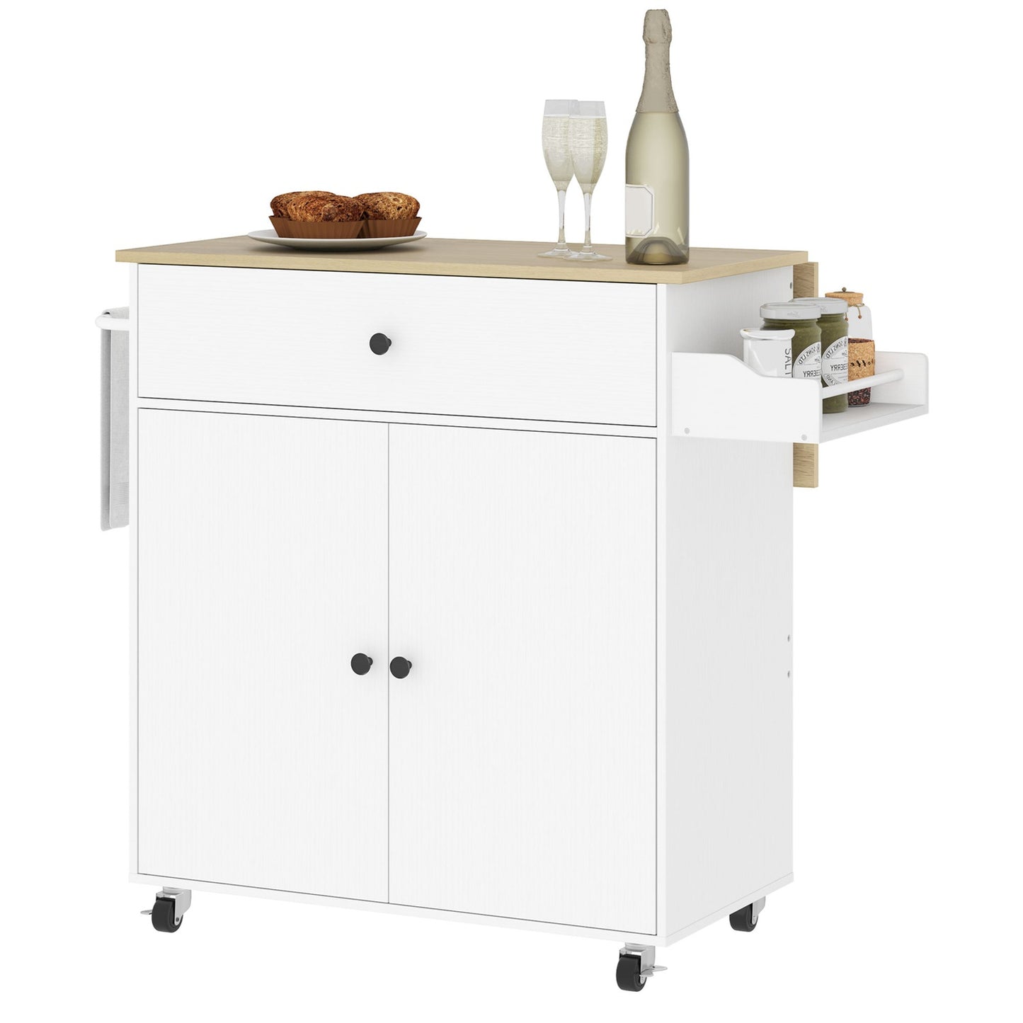White Kitchen Island Trolley with wheels, spice rack & storage