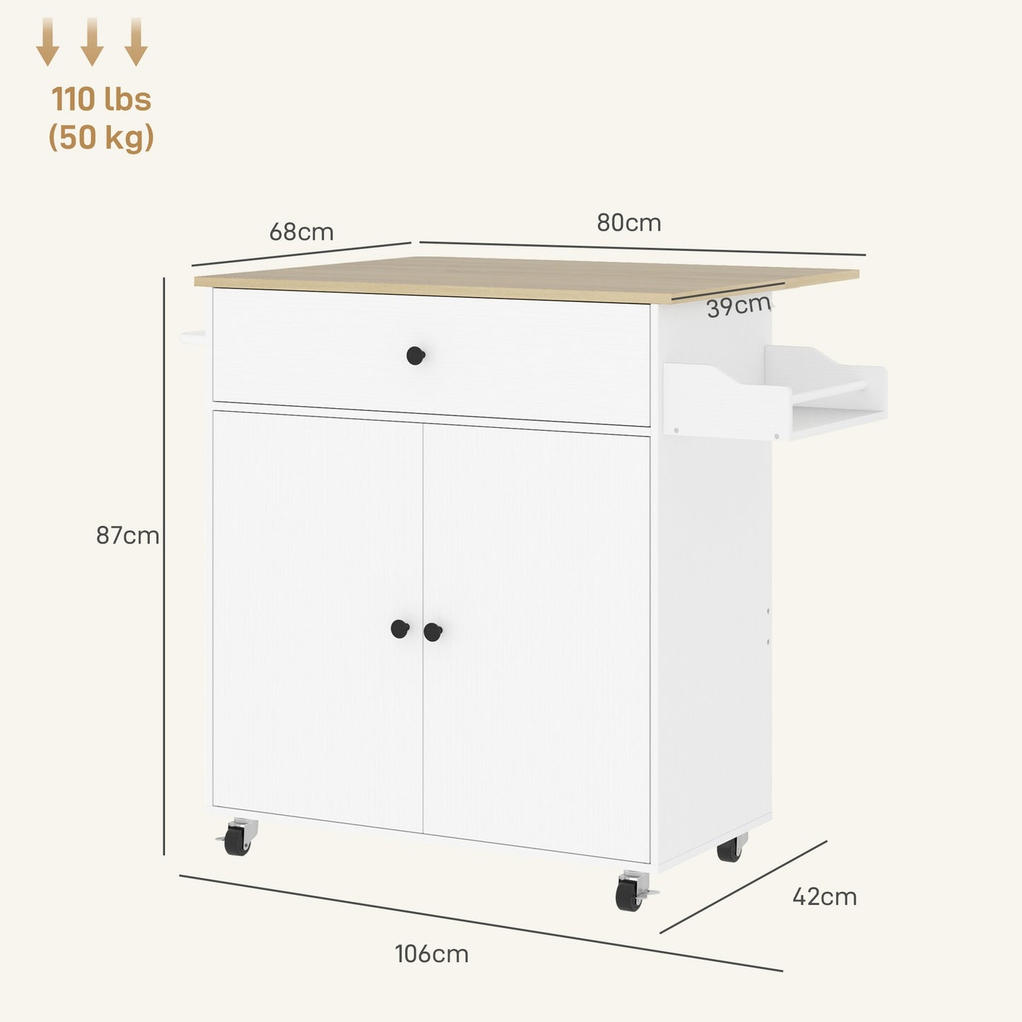 White Kitchen Island Trolley with wheels, spice rack & storage