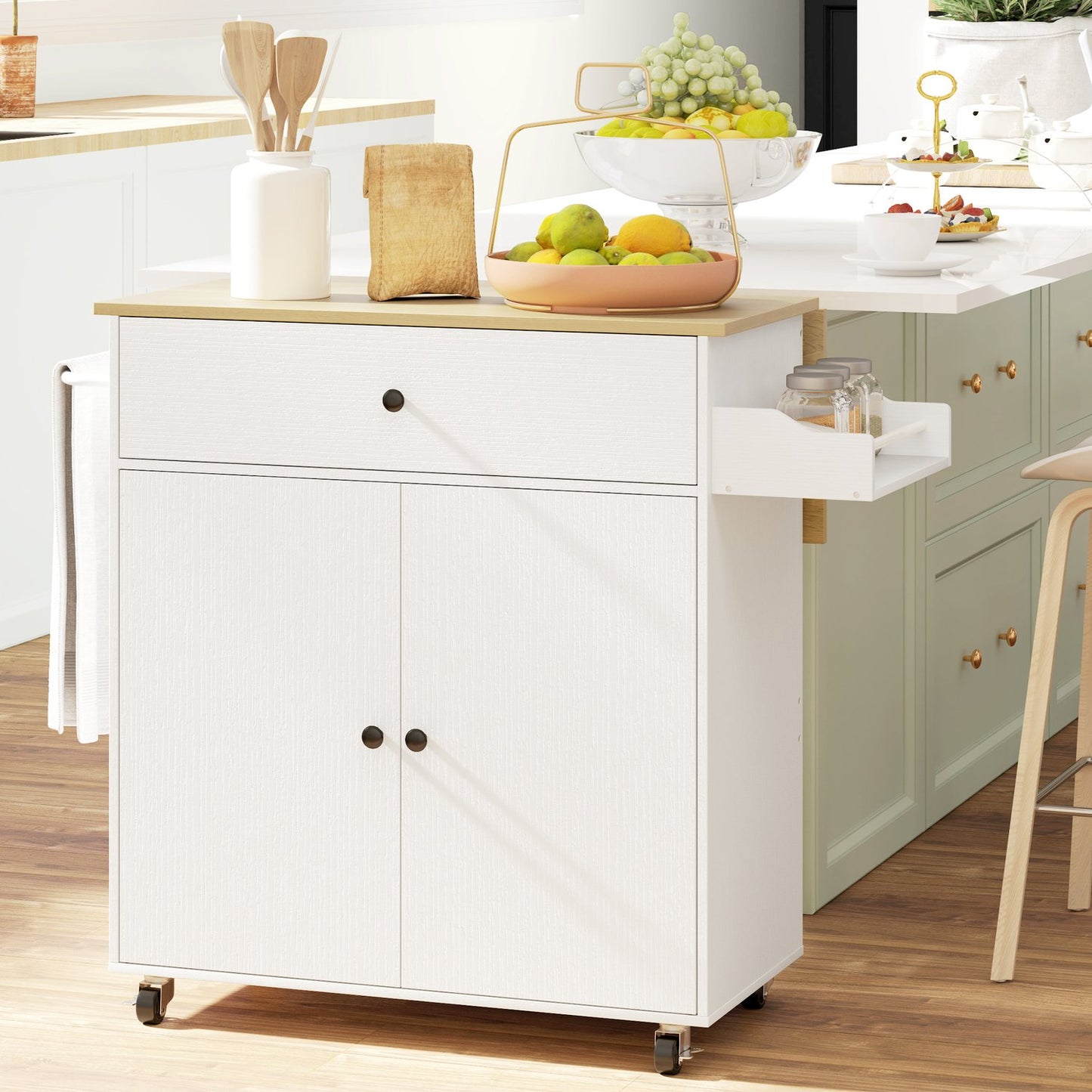White Kitchen Island Trolley with wheels, spice rack & storage