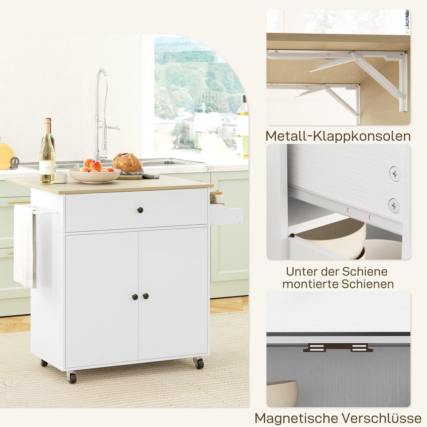 White Kitchen Island Trolley with wheels, spice rack & storage
