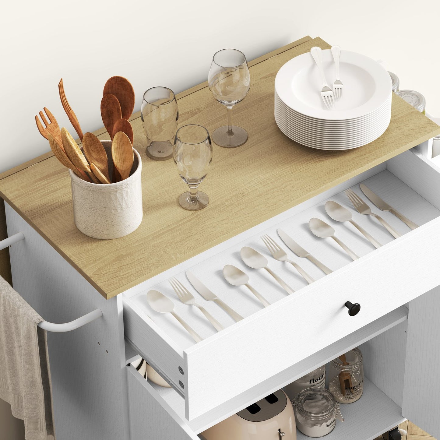 White Kitchen Island Trolley with wheels, spice rack & storage