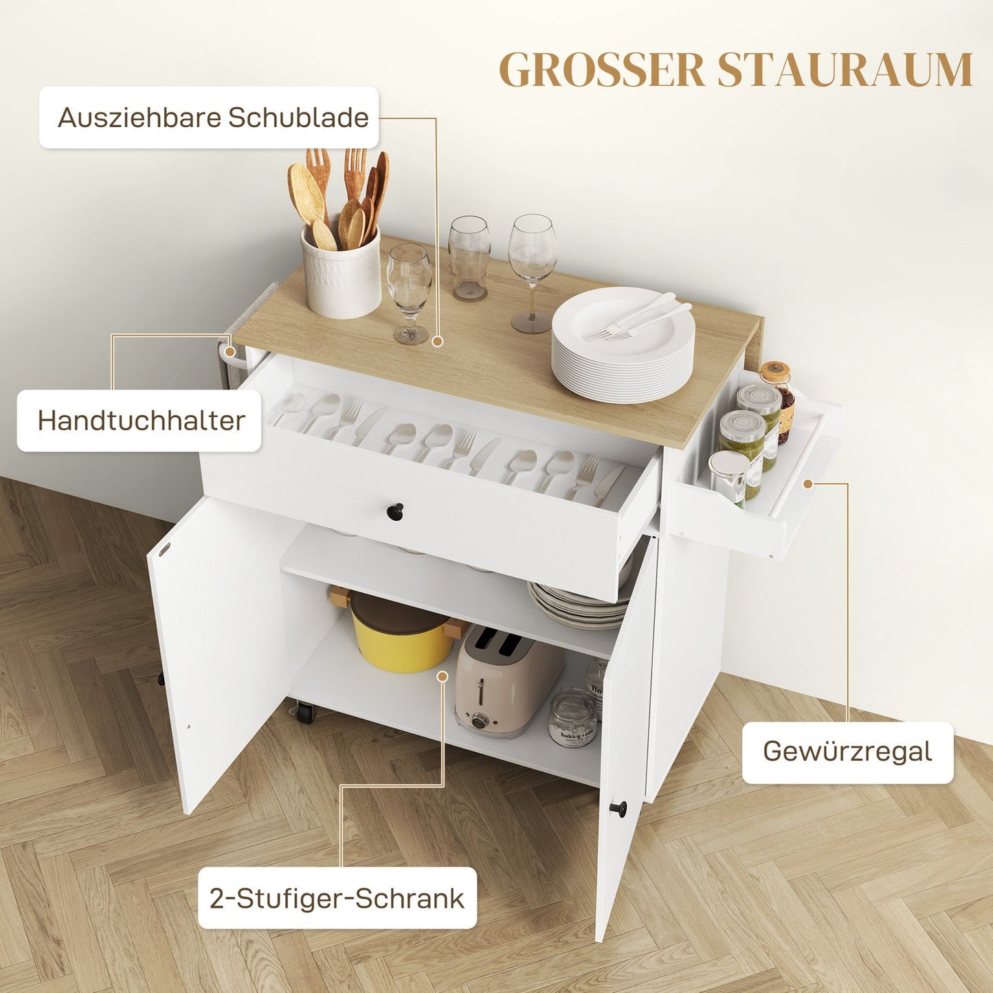 White Kitchen Island Trolley with wheels, spice rack & storage