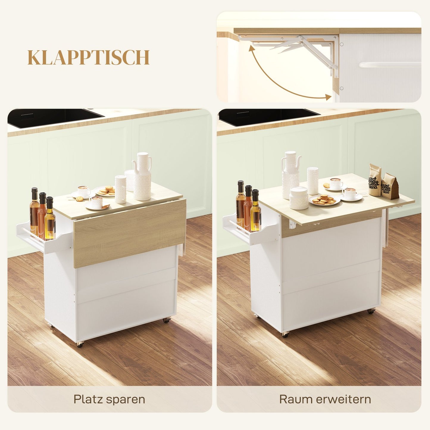 White Kitchen Island Trolley with wheels, spice rack & storage