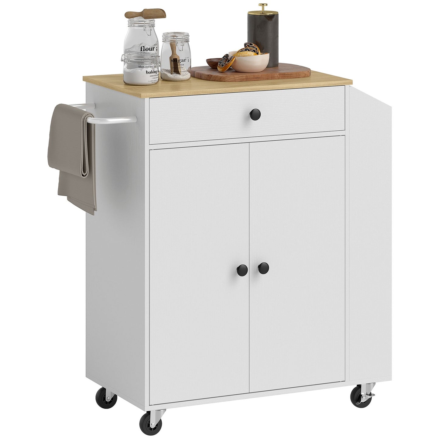 White Kitchen Trolley Island - Wheels, drawers & towel rack