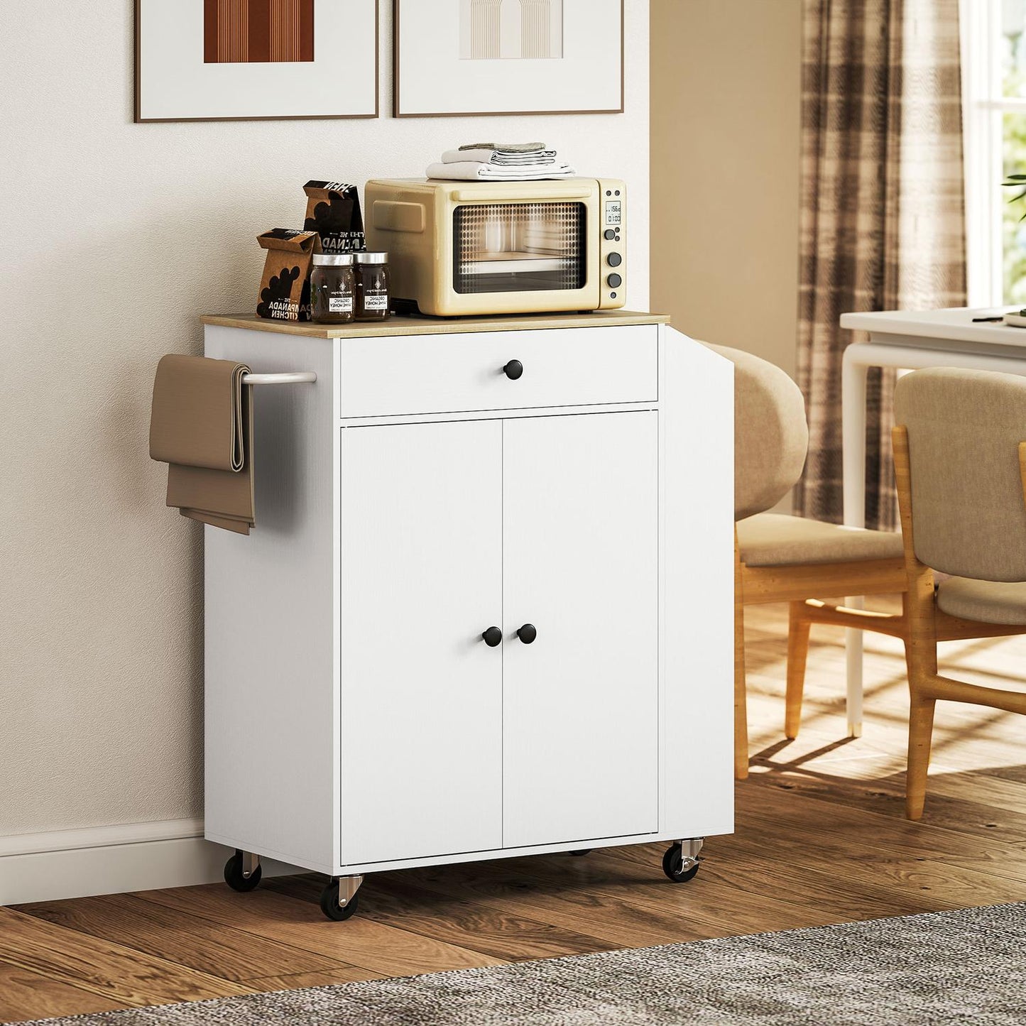 White Kitchen Trolley Island - Wheels, drawers & towel rack