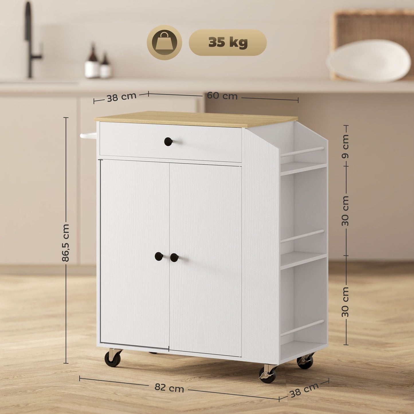 White Kitchen Trolley Island - Wheels, drawers & towel rack