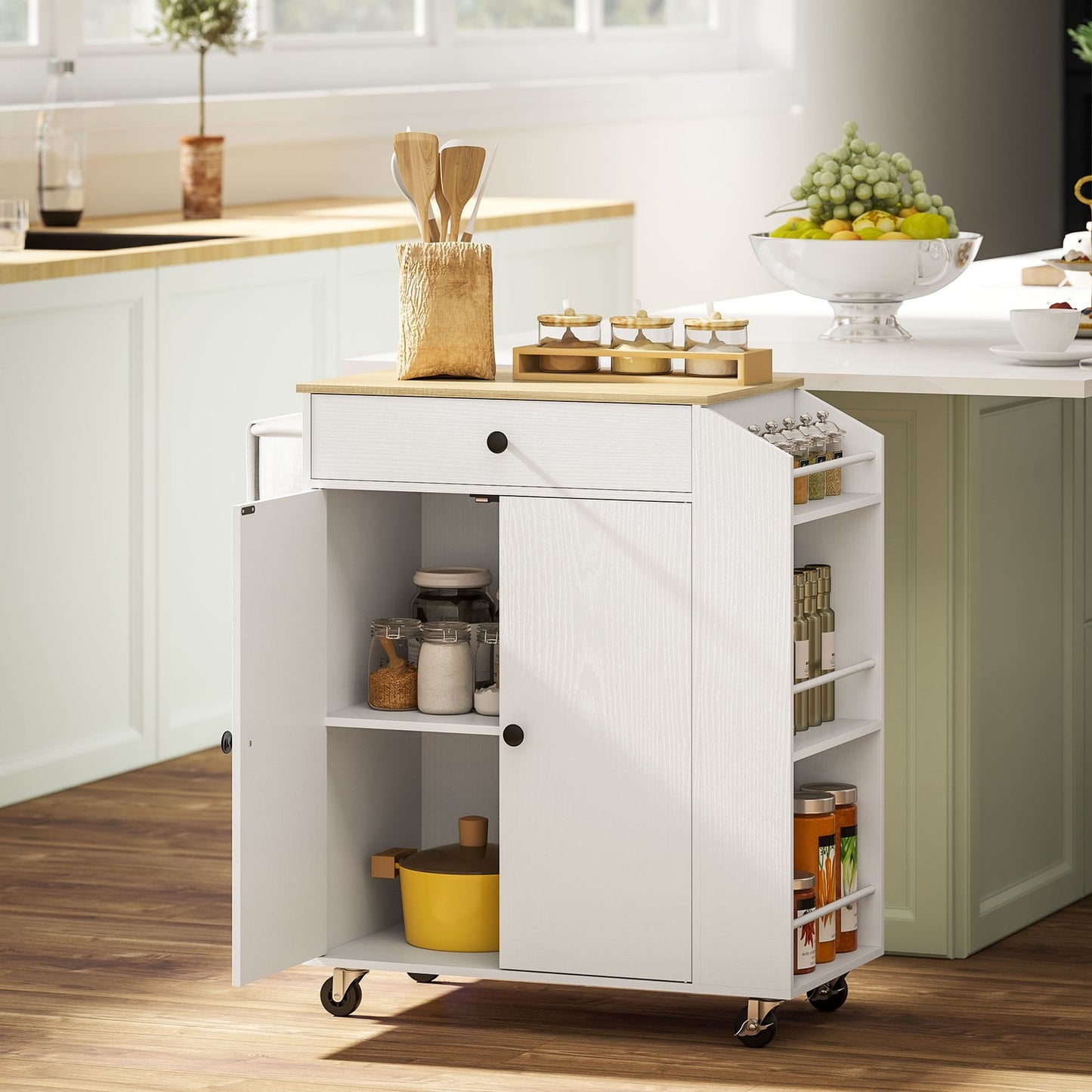 White Kitchen Trolley Island - Wheels, drawers & towel rack
