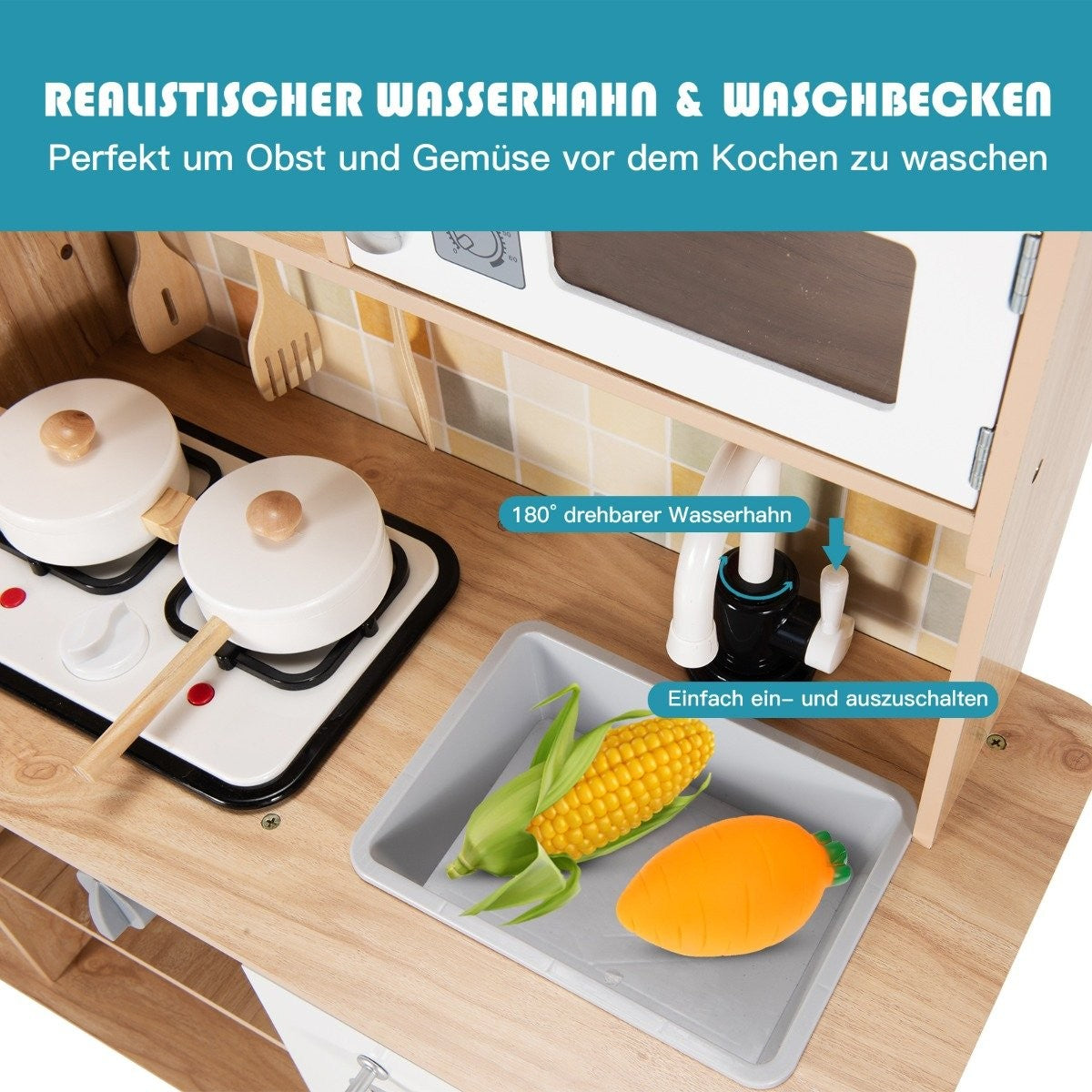 Kitchen play set for children children's kitchen made of wood 81 x 29 x 88.5 cm white + natural