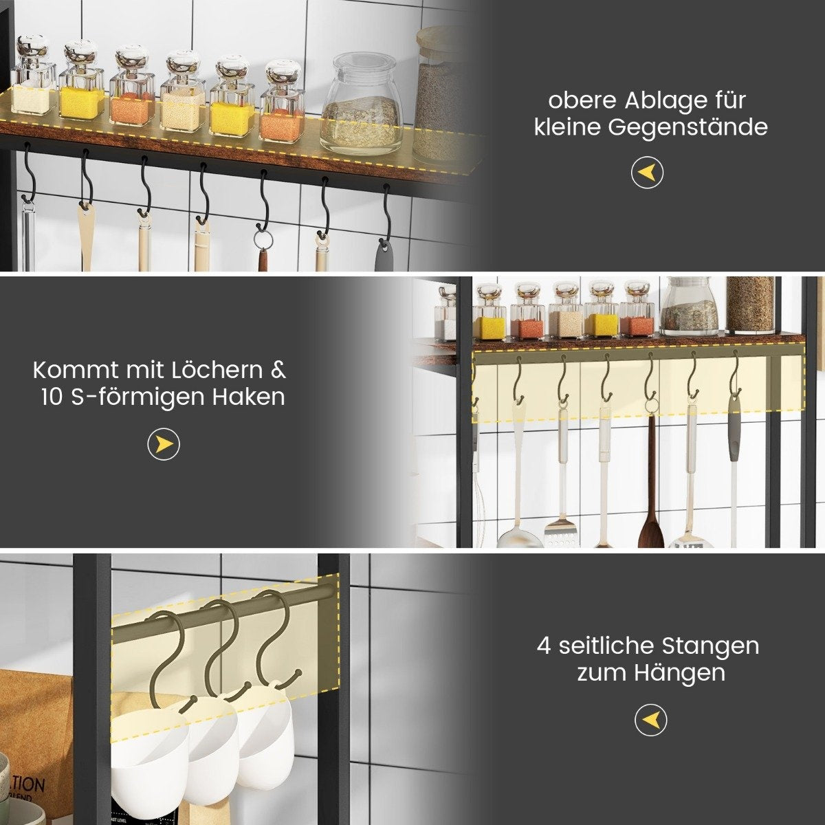 Kitchen shelf, standing shelf with sockets, 5 tiers, microwave shelf with shelves, 107 x 37 x 160 cm, rustic brown