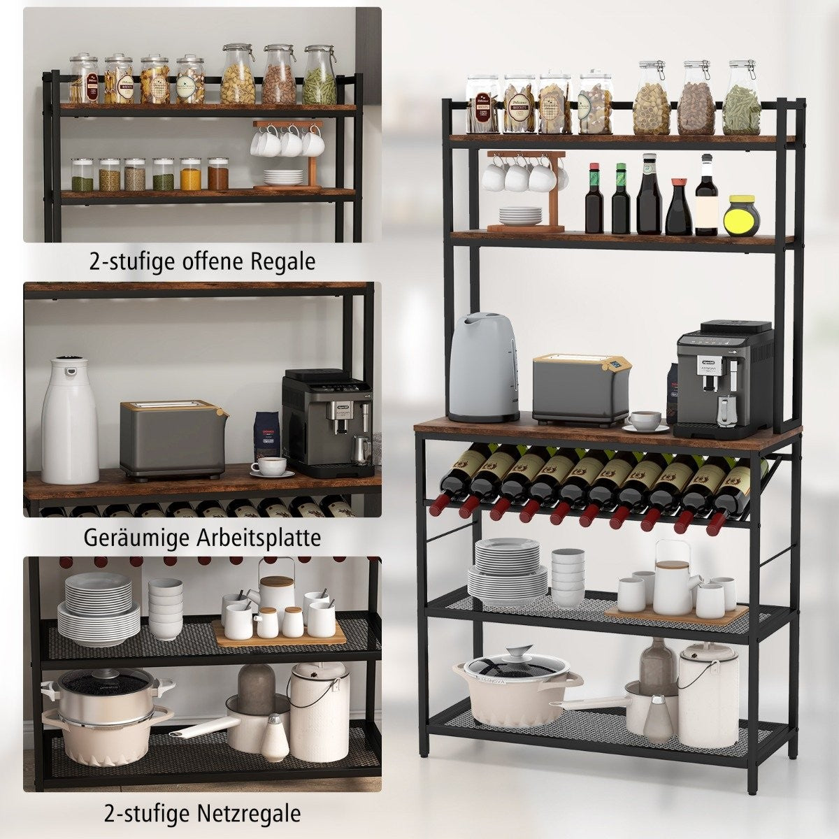 Kitchen shelf with wine holder up to 10 bottles & worktop & 5 shelves baker rack brown