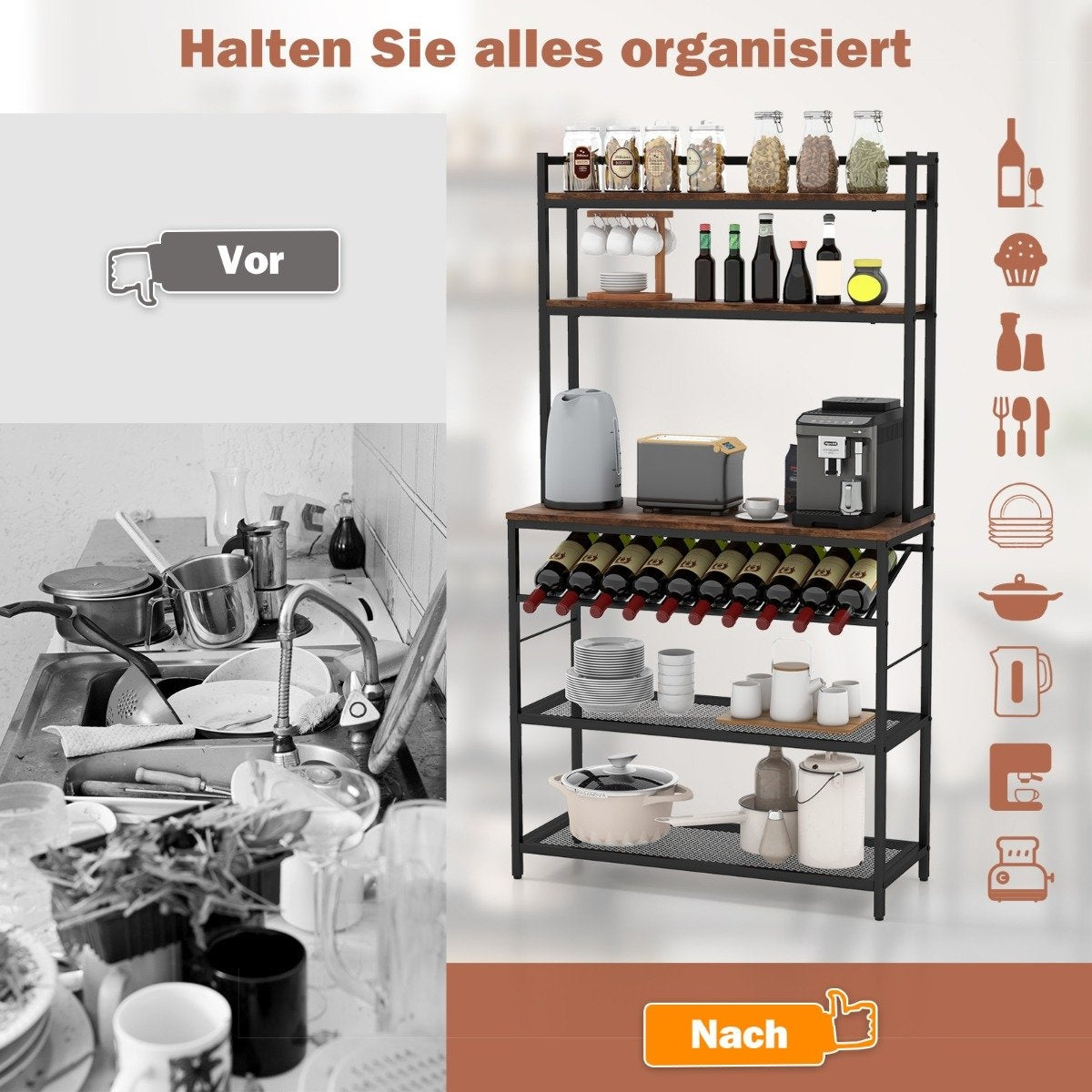 Kitchen shelf with wine holder up to 10 bottles & worktop & 5 shelves baker rack brown