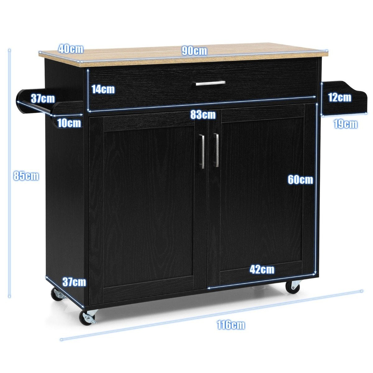 Kitchen trolley kitchen island with drawer and height-adjustable shelf 116 x 40 x 85 cm black + natural