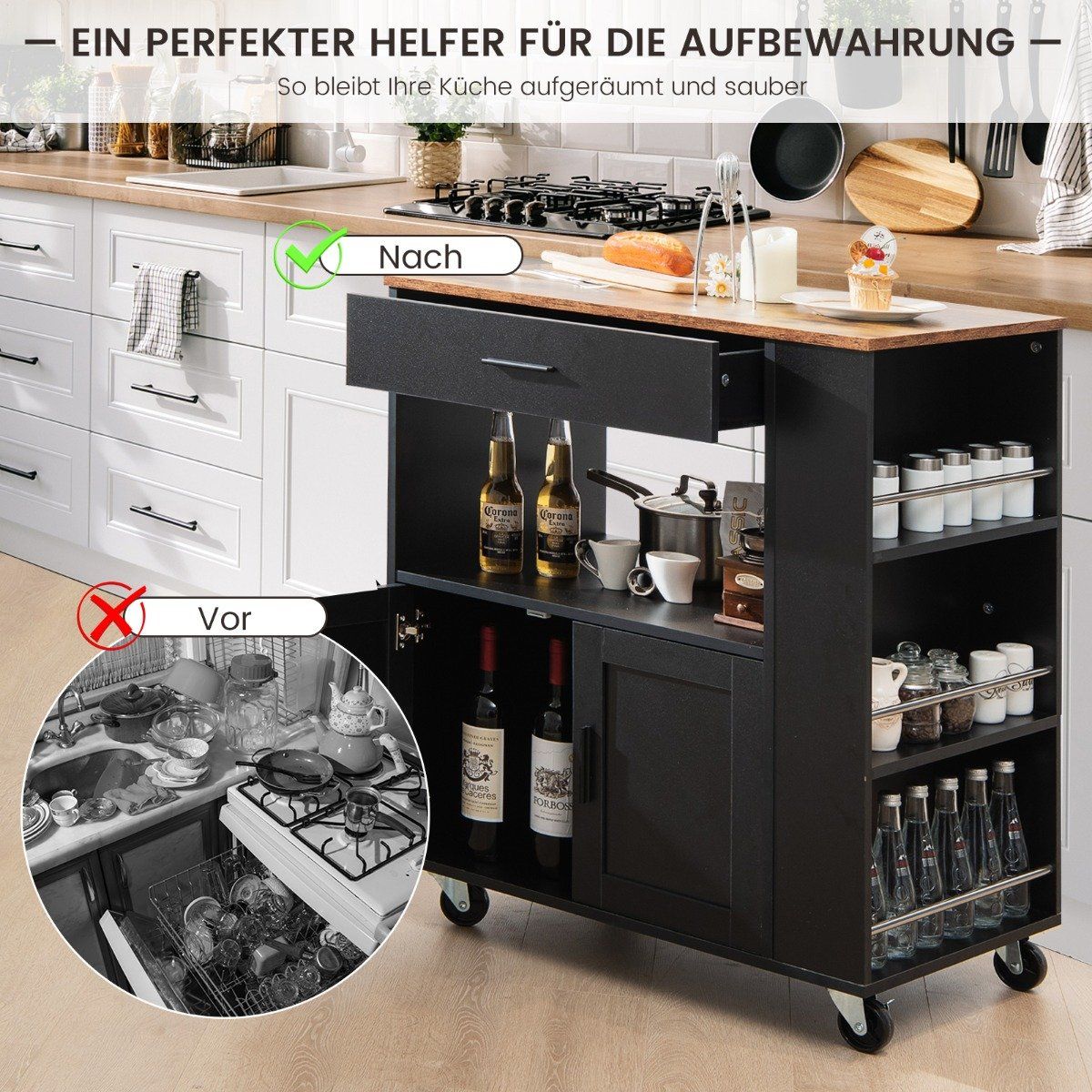Kitchen trolley rolling serving cart with 3 spice racks 82 x 46 x 92 cm black