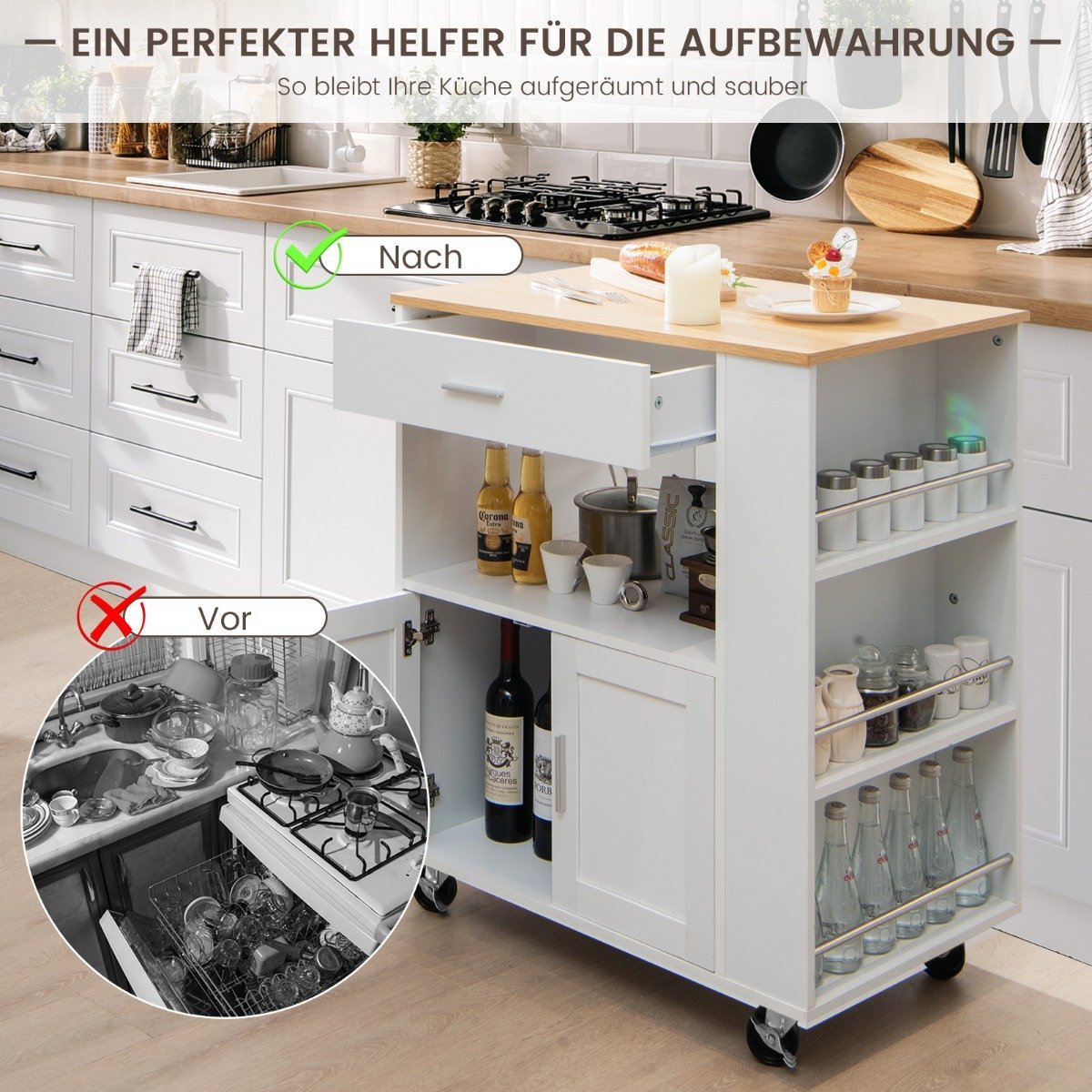 Kitchen trolley rolling serving cart with 3 spice racks 82 x 46 x 92 cm white
