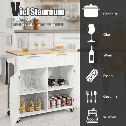 Kitchen trolley rolling serving trolley with drawers and cupboards 94 x 45.5 x 94.5 cm white