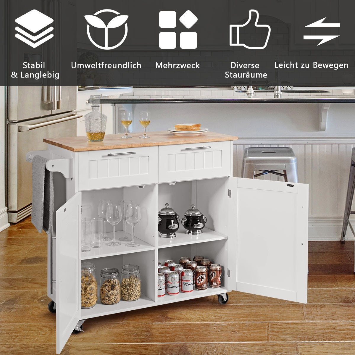 Kitchen trolley rolling serving trolley with drawers and cupboards 94 x 45.5 x 94.5 cm white