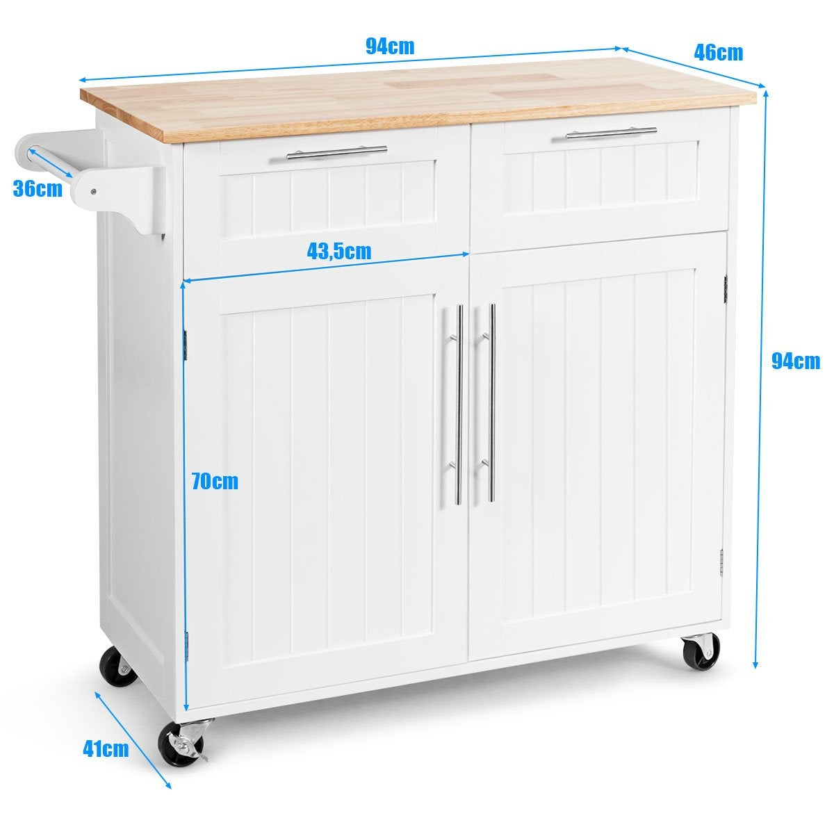 Kitchen trolley rolling serving trolley with drawers and cupboards 94 x 45.5 x 94.5 cm white