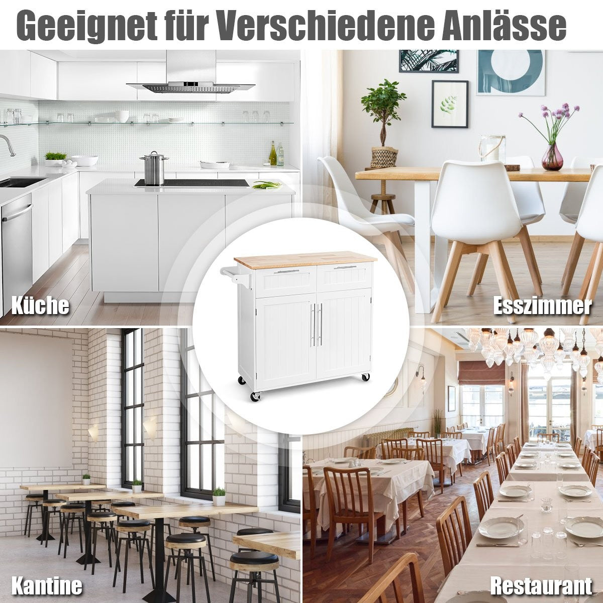 Kitchen trolley rolling serving trolley with drawers and cupboards 94 x 45.5 x 94.5 cm white