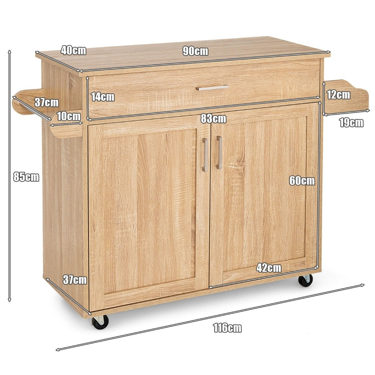 Kitchen trolley rolling storage trolley with lockable rubber wheels natural