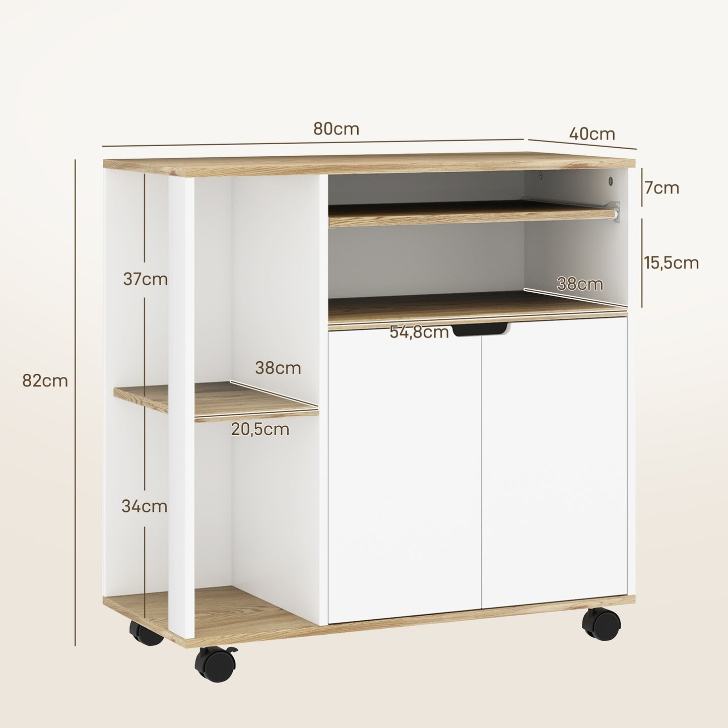 Kitchen trolley with worktop, adjustable shelves, white