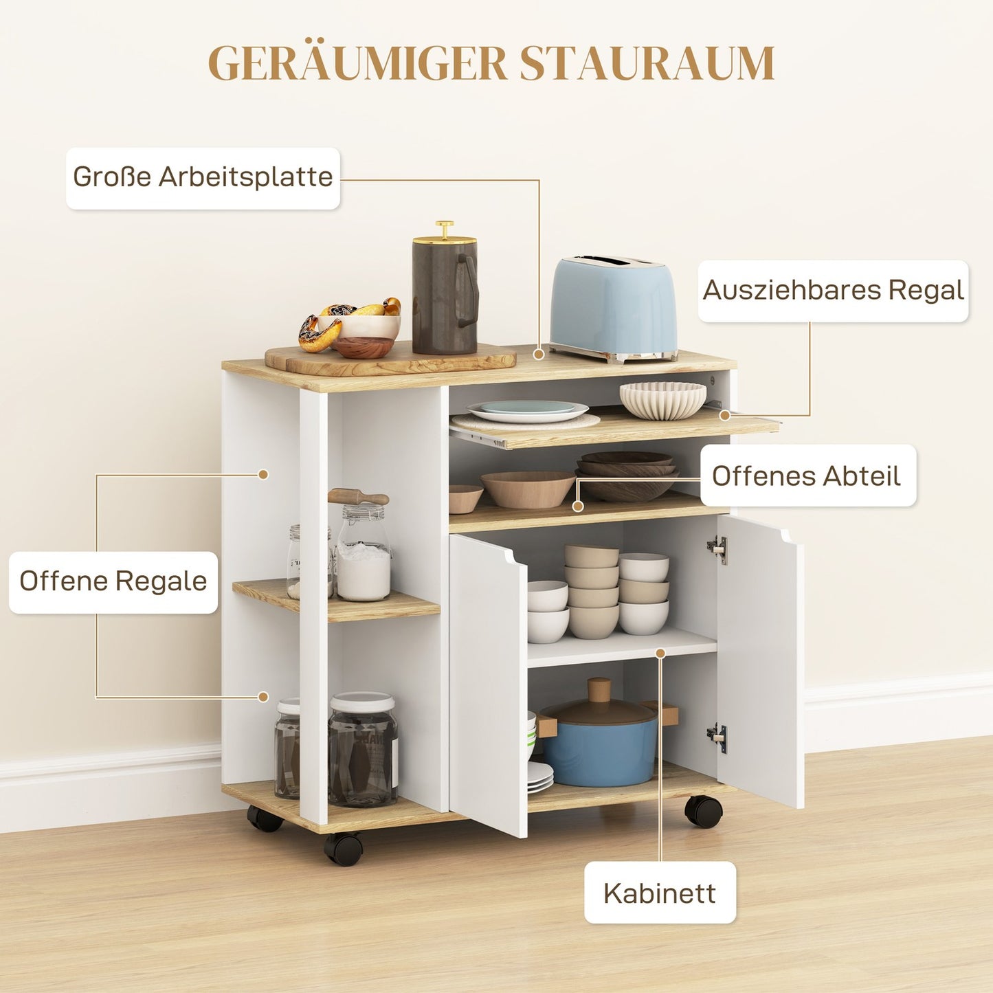 Kitchen trolley with worktop, adjustable shelves, white
