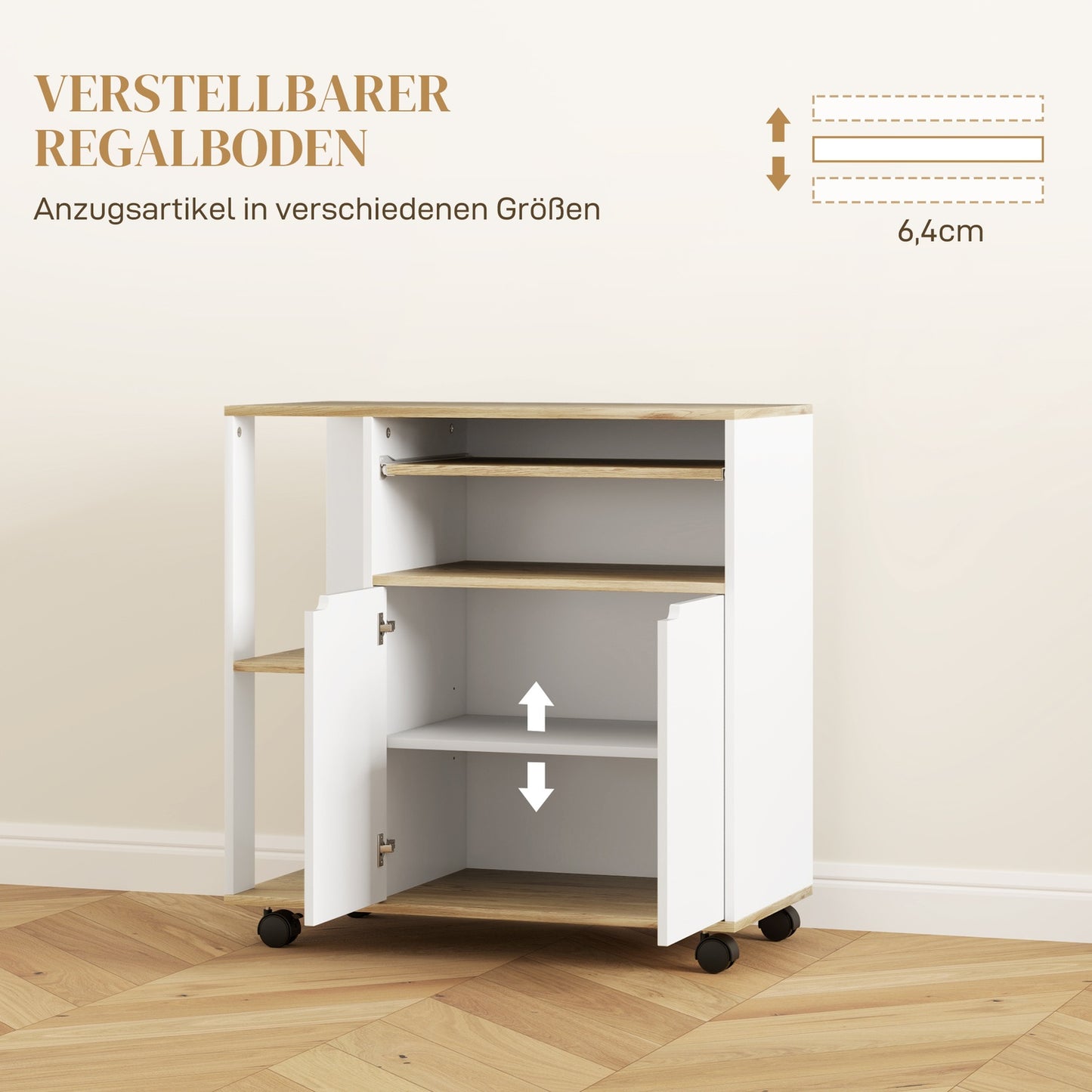 Kitchen trolley with worktop, adjustable shelves, white