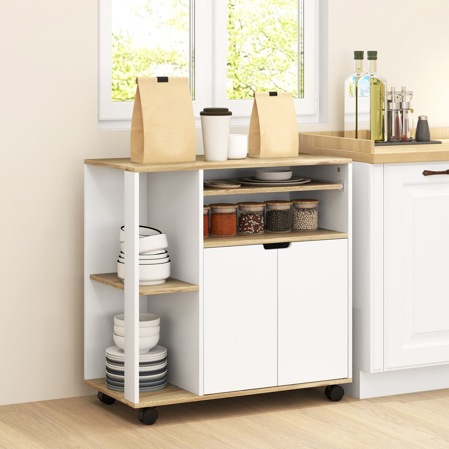 Kitchen trolley with worktop, adjustable shelves, white
