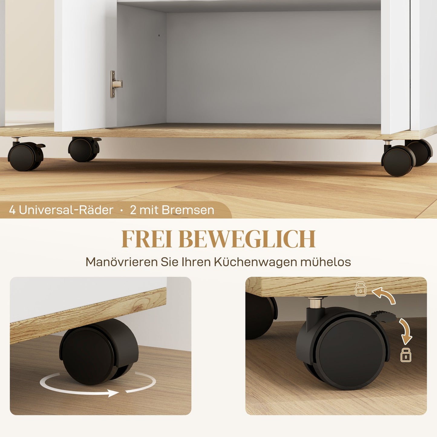 Kitchen trolley with worktop, adjustable shelves, white