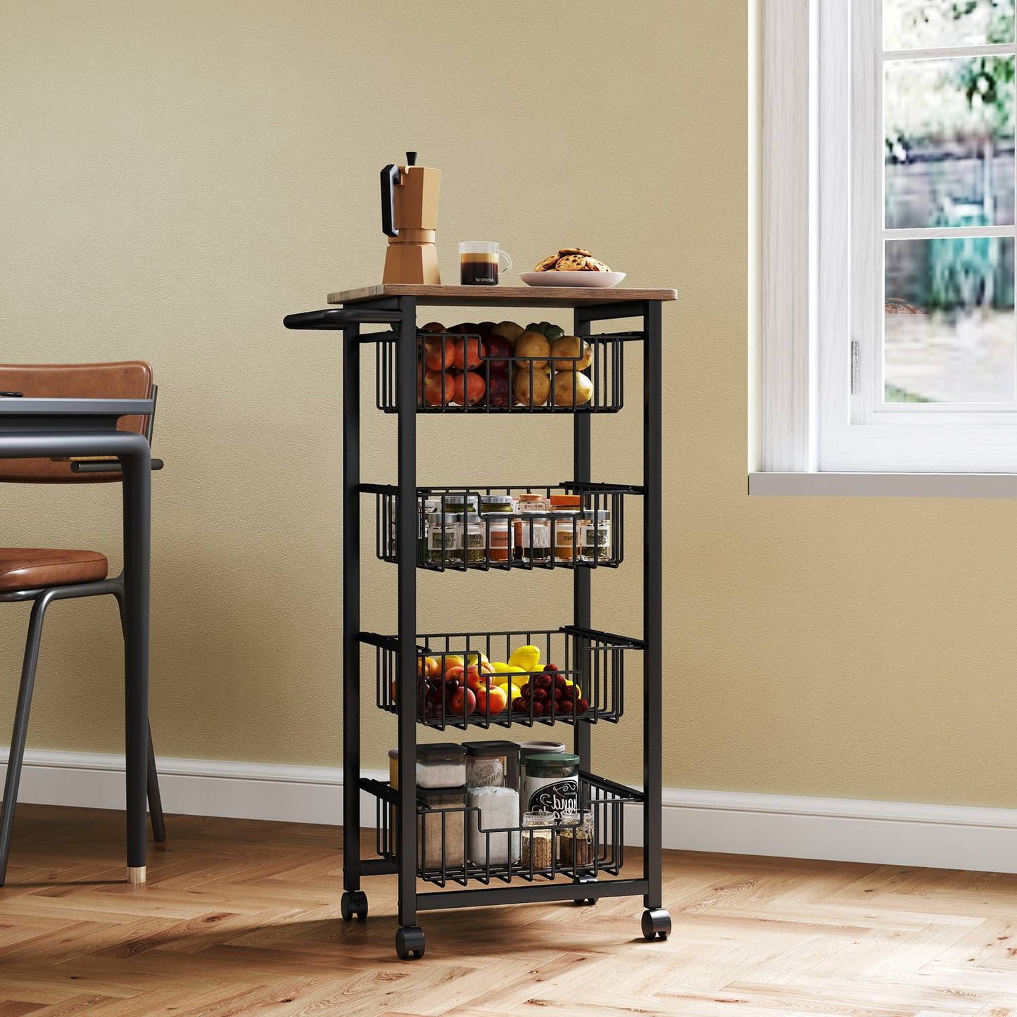 Oak kitchen trolley with steel baskets & worktop