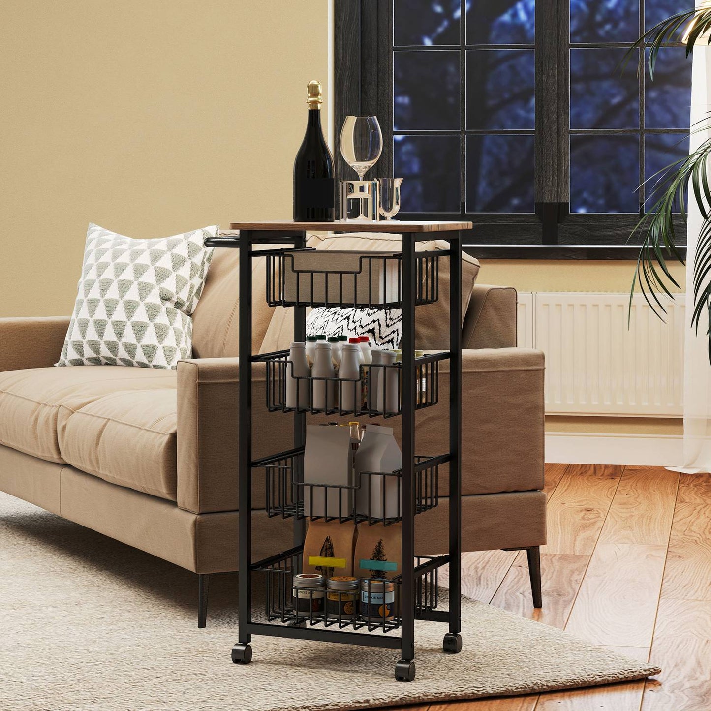 Oak kitchen trolley with steel baskets & worktop