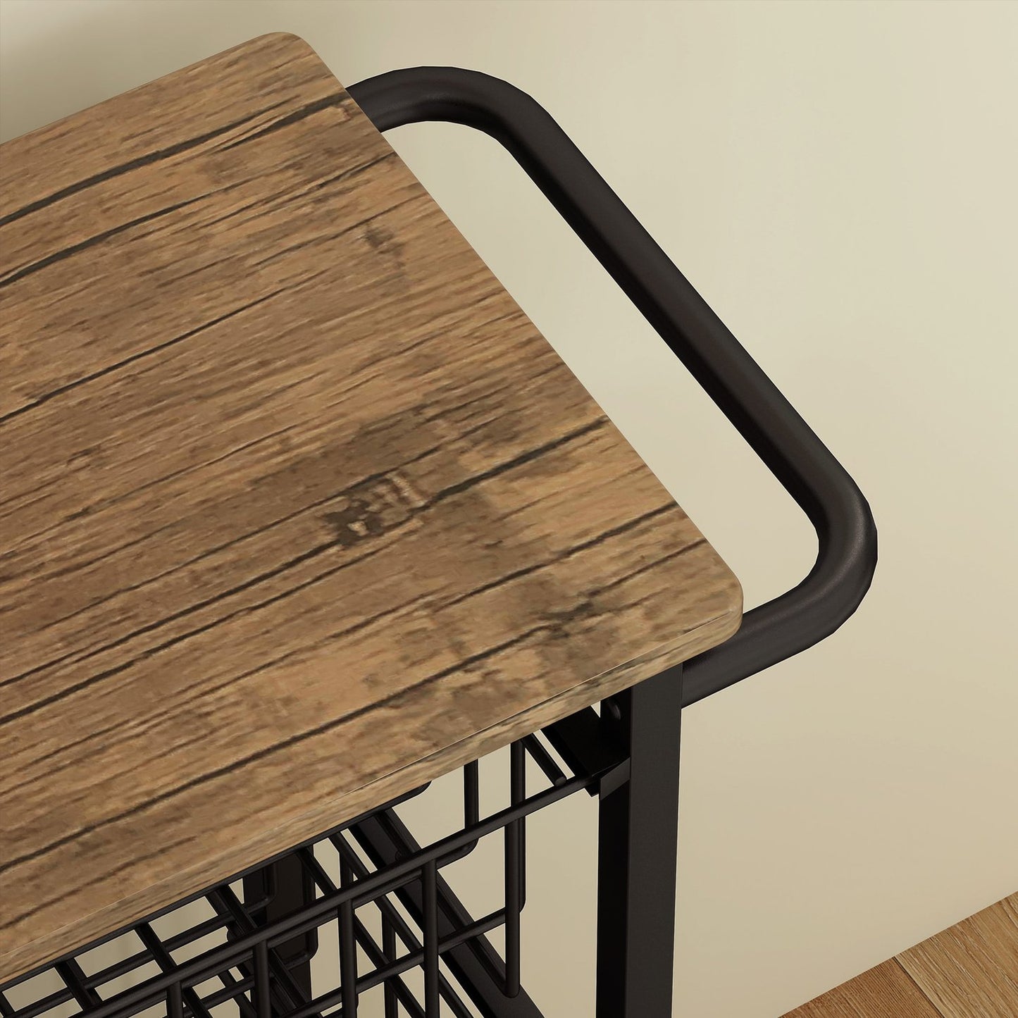 Oak kitchen trolley with steel baskets & worktop