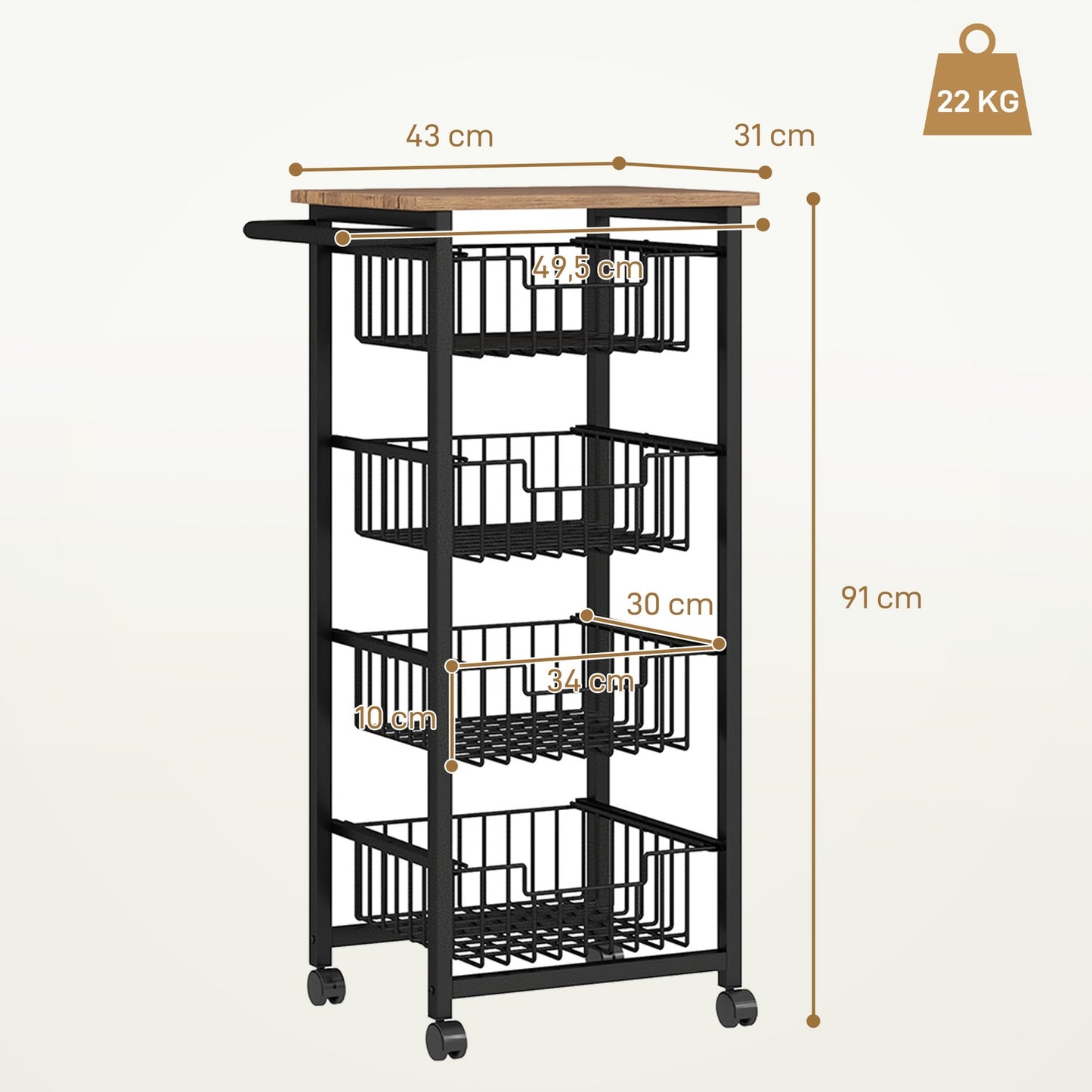 Oak kitchen trolley with steel baskets & worktop