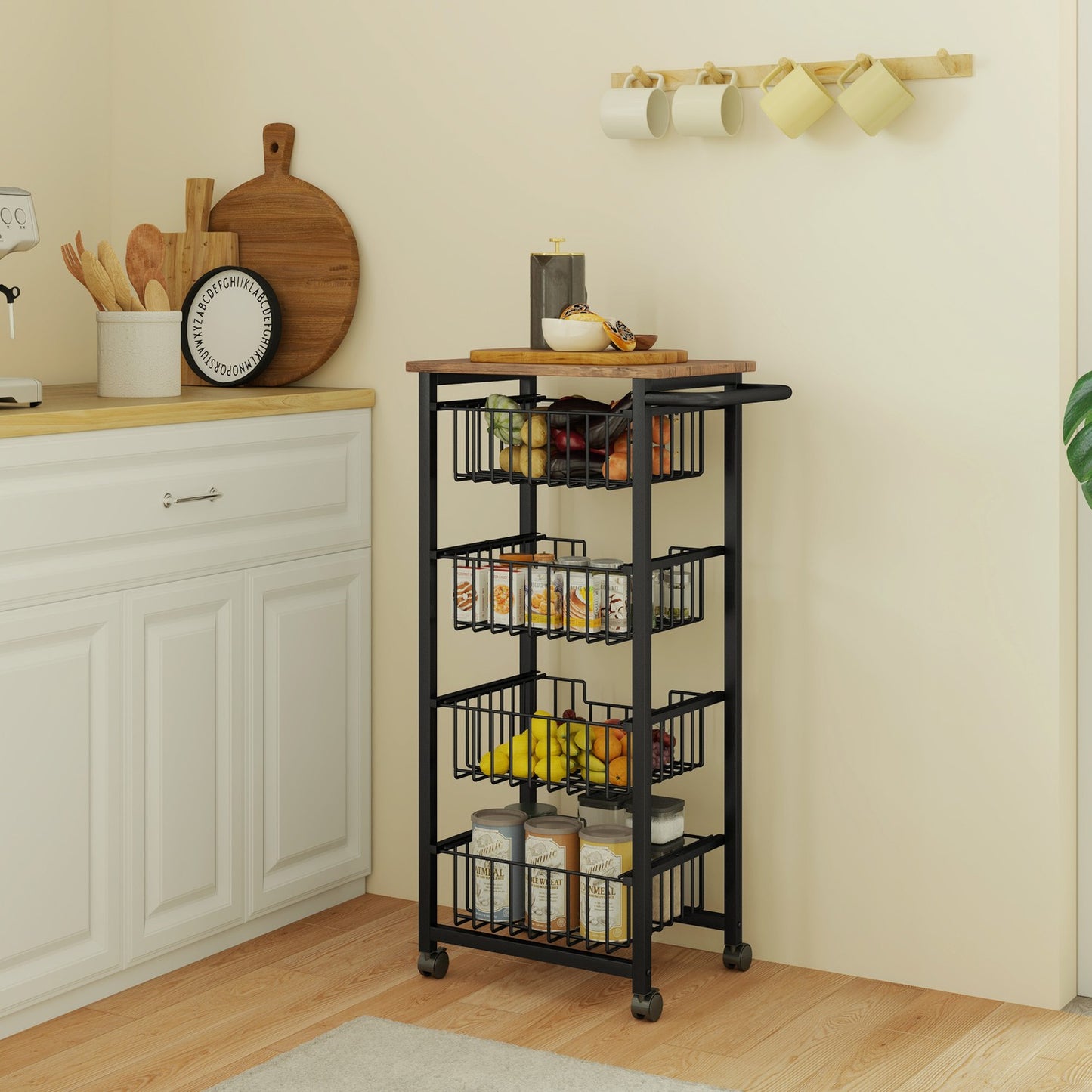 Oak kitchen trolley with steel baskets & worktop