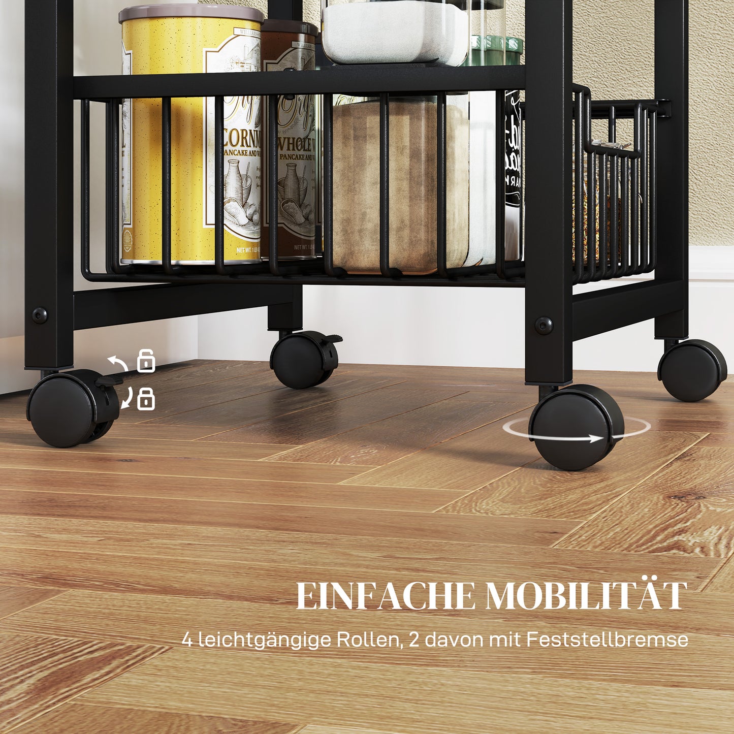 Oak kitchen trolley with steel baskets & worktop