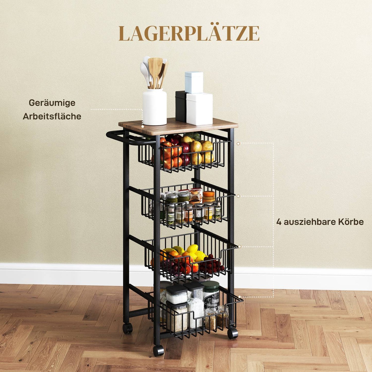 Oak kitchen trolley with steel baskets & worktop