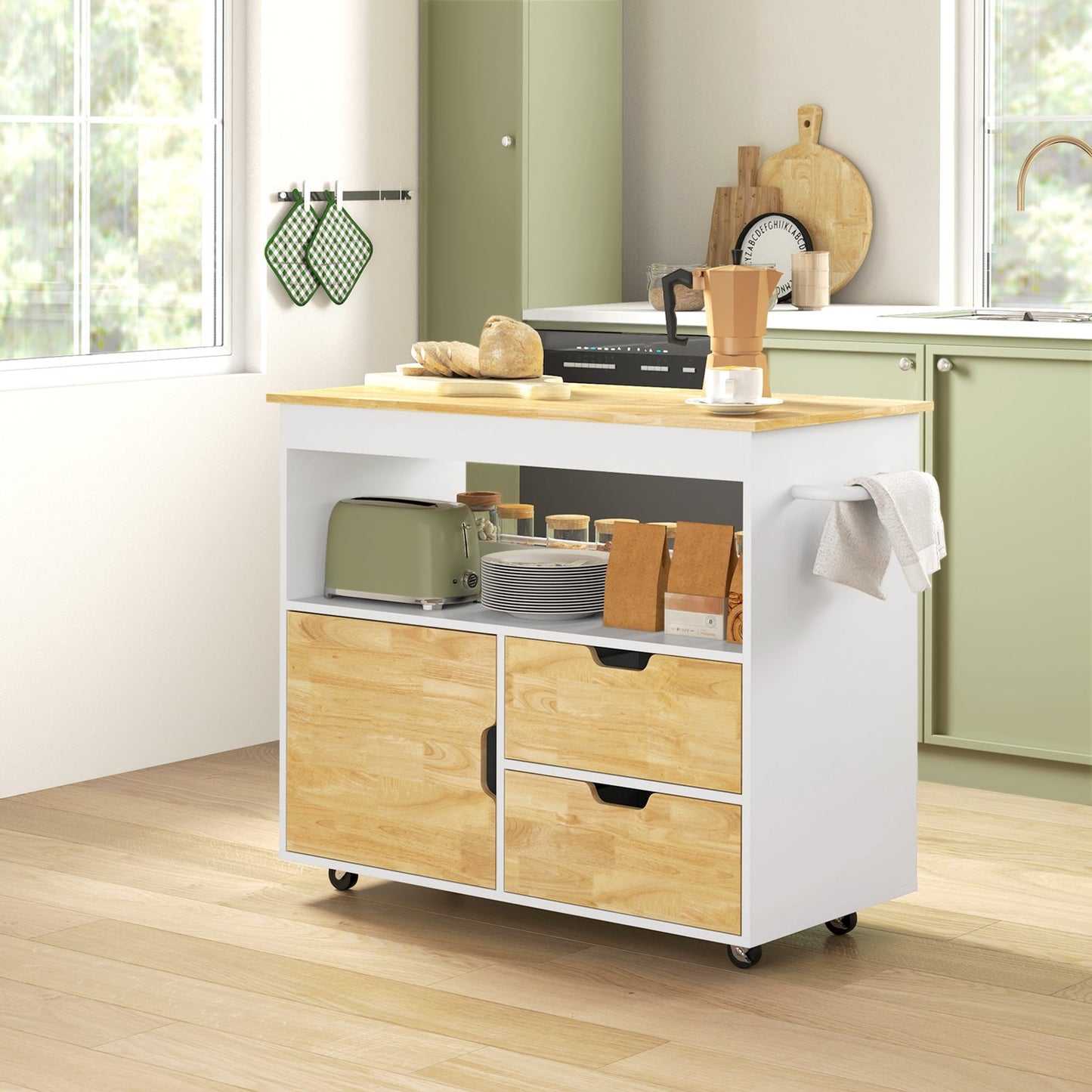 Oak Kitchen Island Trolley – Worktop, drawers, soft-close door