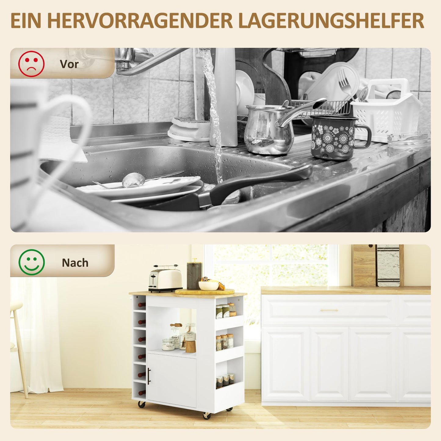 Kitchen trolley with shelves & wine rack, Oak 83x40x83cm