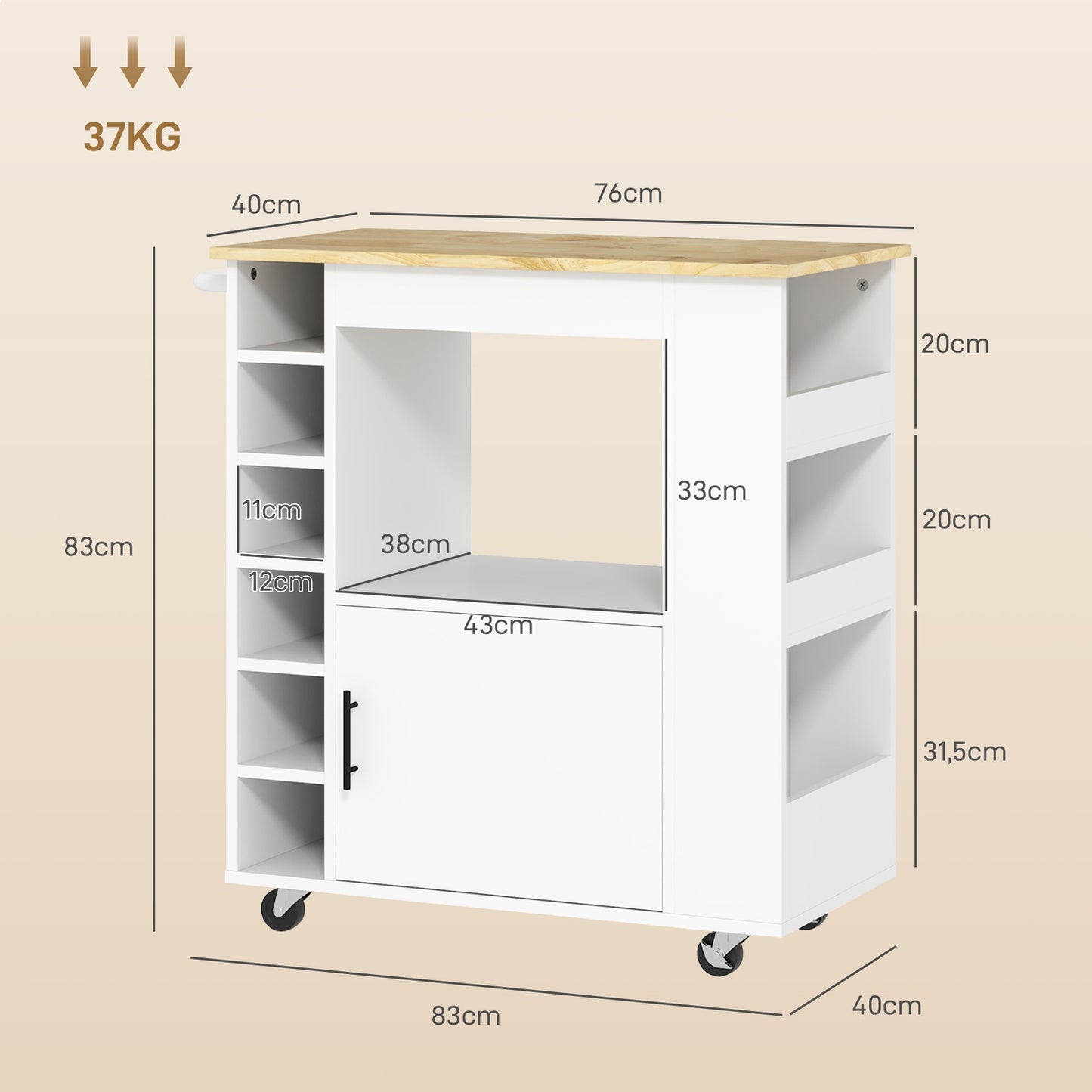 Kitchen trolley with shelves & wine rack, Oak 83x40x83cm
