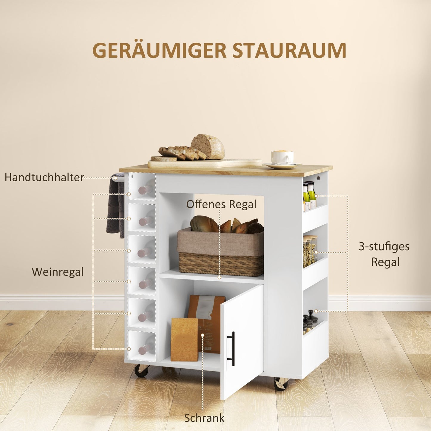 Kitchen trolley with shelves & wine rack, Oak 83x40x83cm