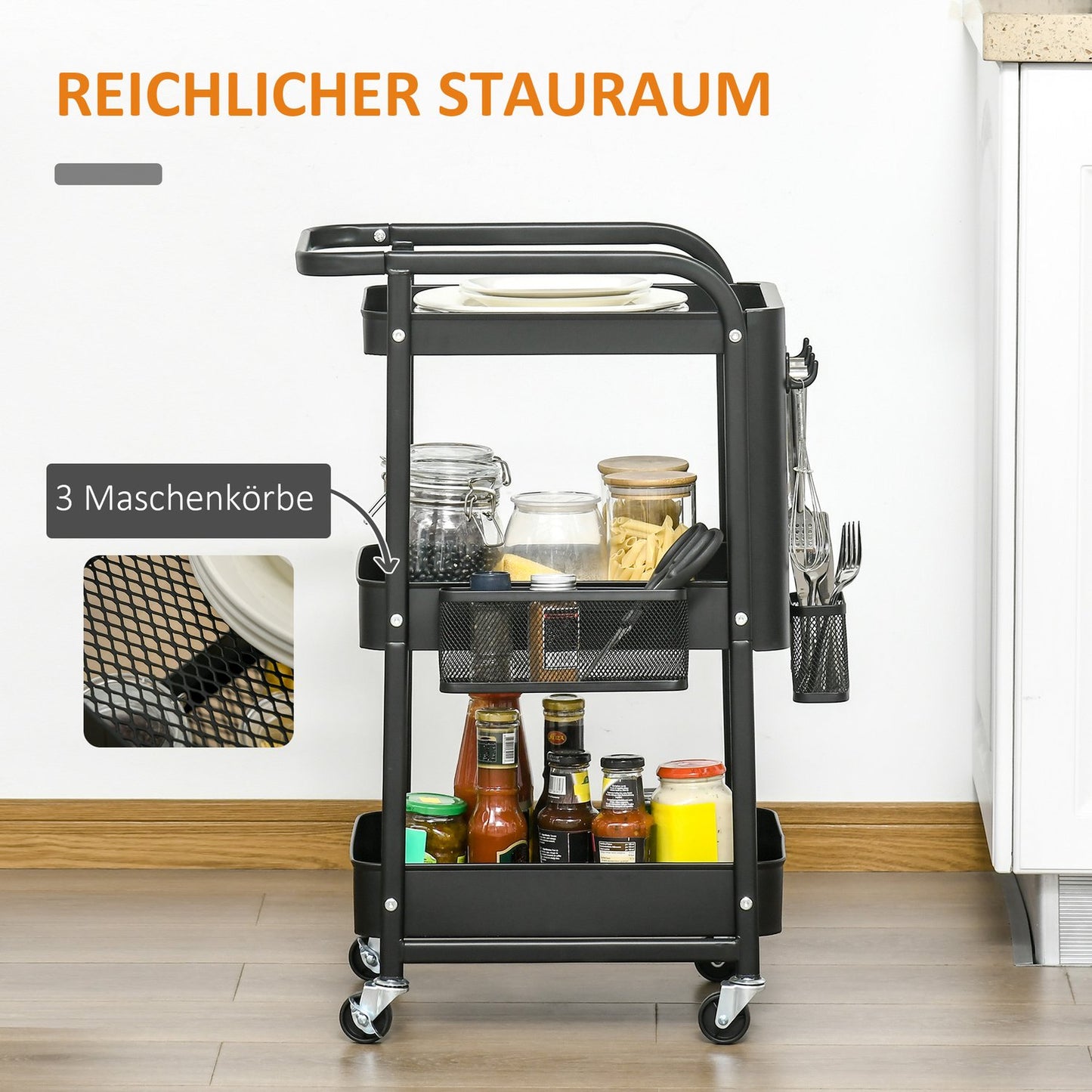 Rolling Kitchen Cart with Hooks and Storage Baskets
