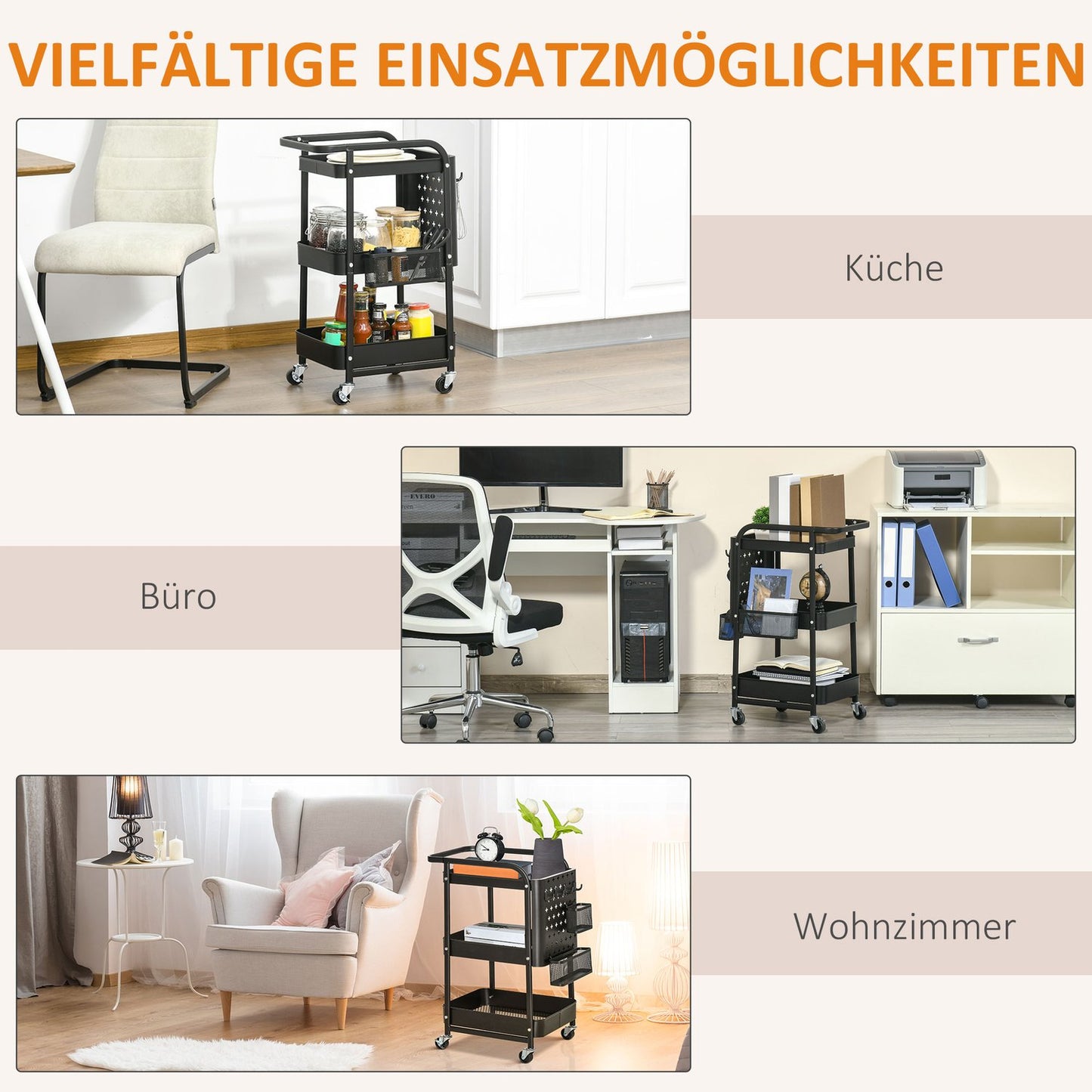 Rolling Kitchen Cart with Hooks and Storage Baskets