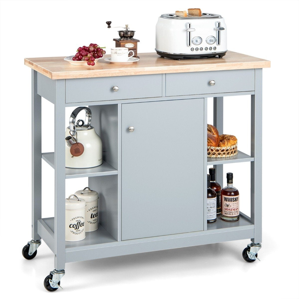 Kitchen trolley with wheels Kitchen island with worktop Serving trolley with 2 drawers 99 x 46 x 90 cm Grey