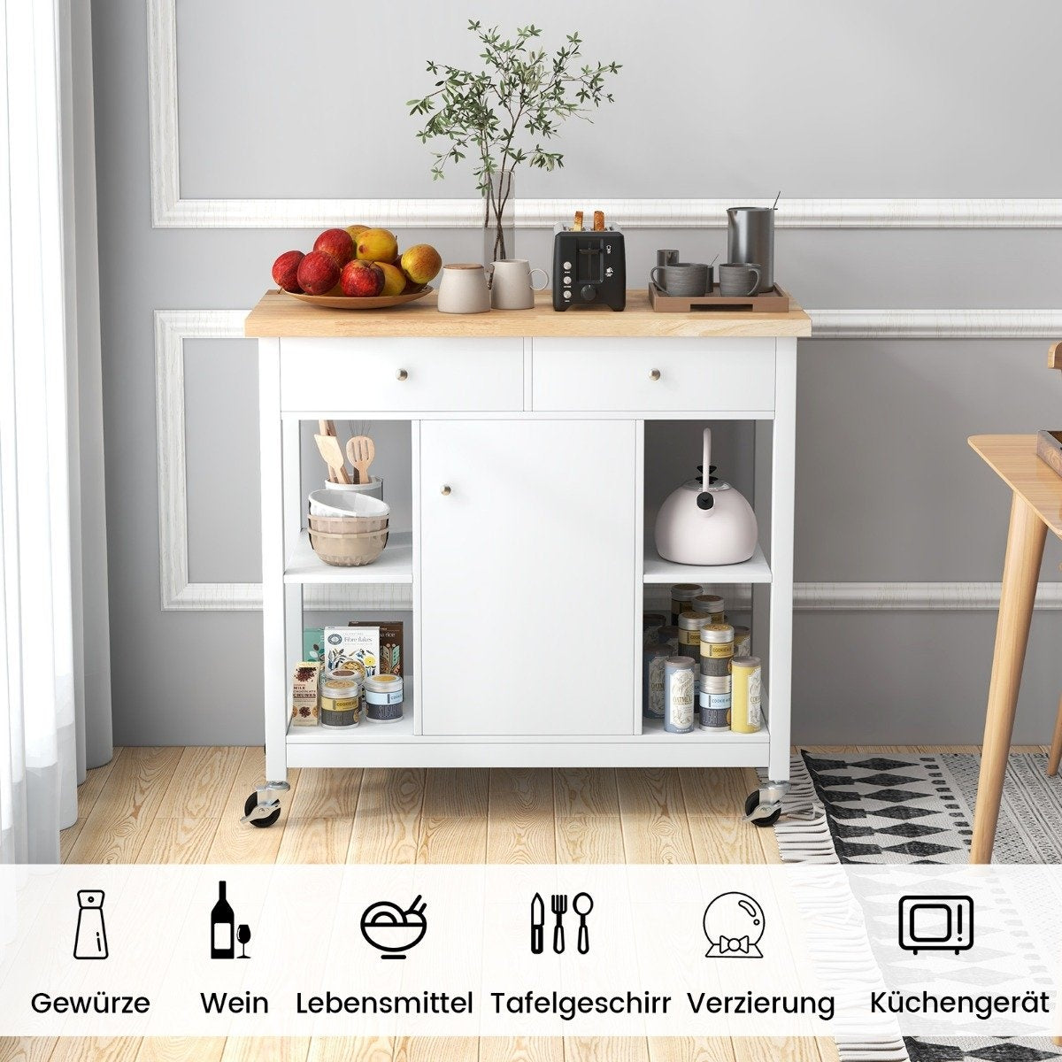 Kitchen trolley with wheels Kitchen island with worktop Serving trolley with 2 drawers 99 x 46 x 90 cm White