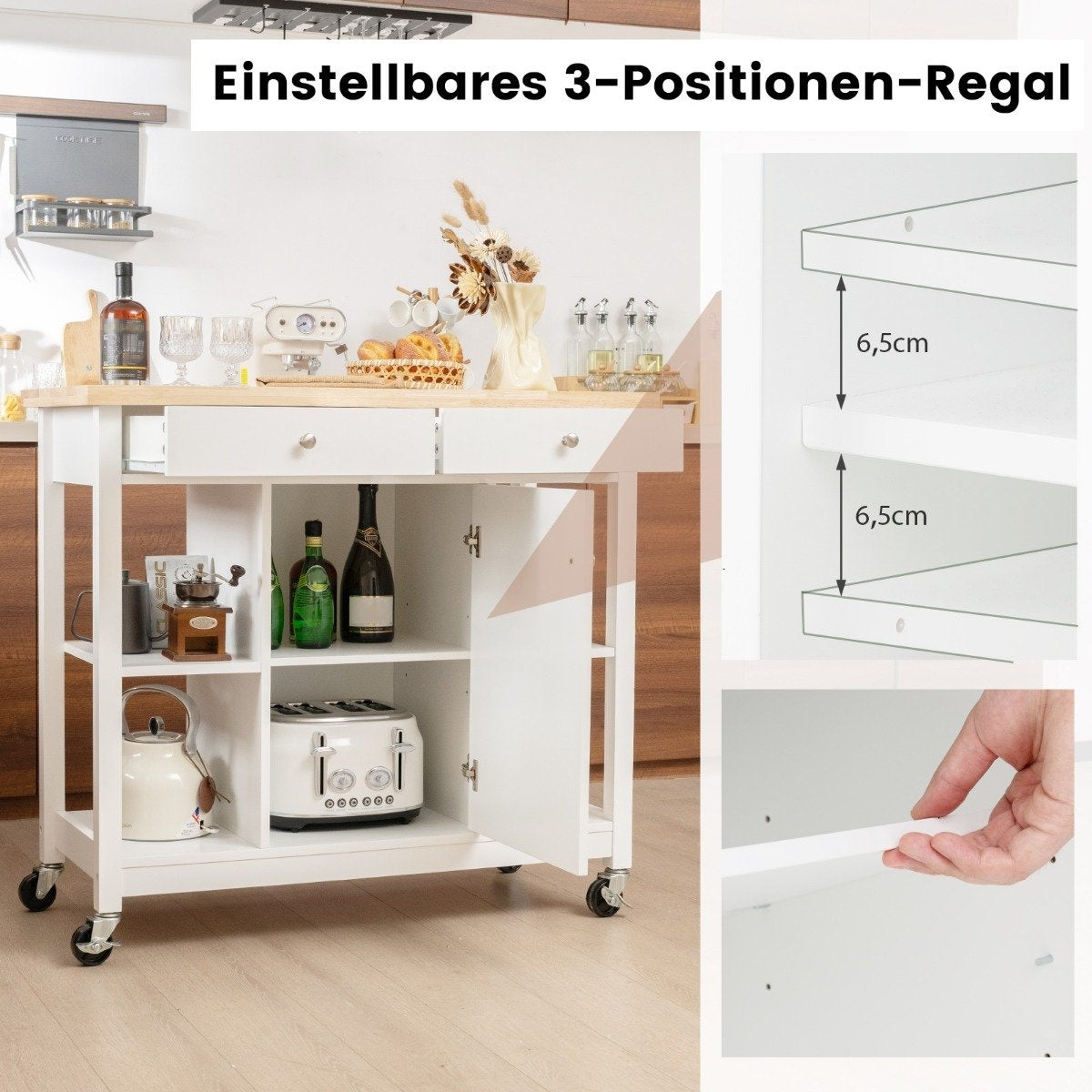 Kitchen trolley with wheels Kitchen island with worktop Serving trolley with 2 drawers 99 x 46 x 90 cm White