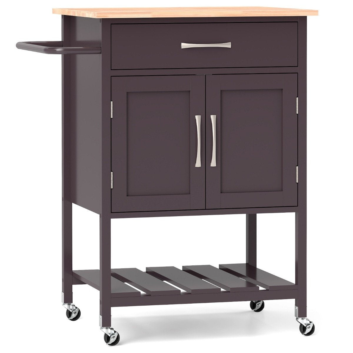Kitchen trolley with worktop, serving trolley with wheels, trolley with drawer, brown